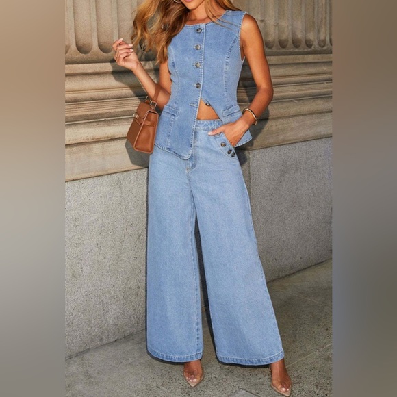 Stylish Light Blue Denim Set Button-front Denim Vest & Pants Set